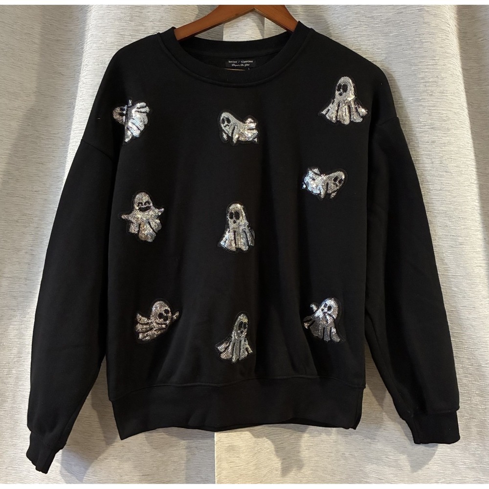 Ghost Sequin‎ Halloween Soft Sweatshirt Black Size Small